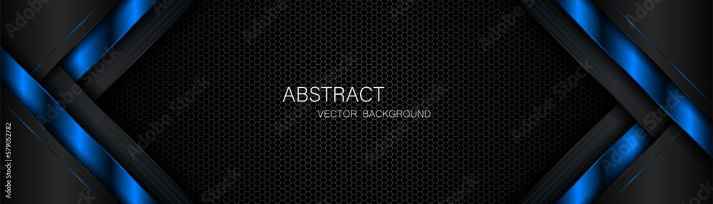 Aufkleber Abstract black and blue polygon with blue glow lines on dark steel mesh background with free space for design. modern technology innovation concept background	