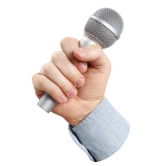 Hand holding a microphone cut out