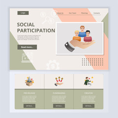 Social participation flat landing page website template. Pre-release, fundraising, creator. Web banner with header, content and footer. Vector illustration.