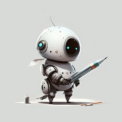 The cute AI robot and a pen portrait on white background Generative AI