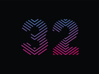 Digit 32 is written with colorful digital lines. Abstract digit 32 logo design template. Logo type vector design
