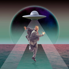 Surreal design in futuristic style. Contemporary art collage. Businessman running away from UFO...