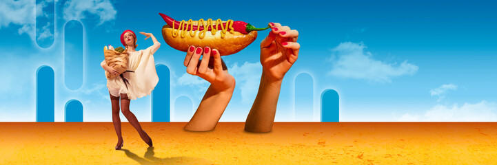 Taste. Creative surreal design. Contemporary art collage. Stylish beautiful woman with food packages over blue background. Spicy hot dog on female hand. Concept of surrealism, creativity