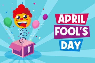 April fools day with box surprise, clown and balloon. Laugh icon vector illustration, poster or banner background and copy space. - obrazy, fototapety, plakaty