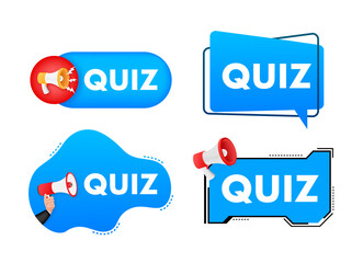 Megaphone label set with text Quiz time. Megaphone in hand promotion banner. Marketing and advertising