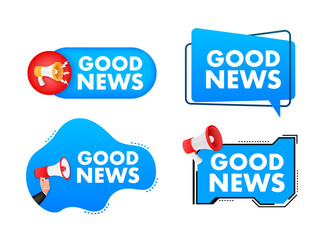 Megaphone label set with text good news. Megaphone in hand promotion banner. Marketing and advertising
