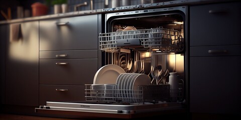 Open empty dishwasher in kitchen. Generative AI