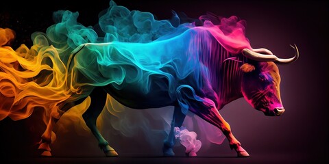 Running fire bull. Angry bull running in fire. Bull in colored smoke. Generative AI