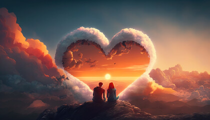Abstract of 2 soulmates sitting on a beach with a love heart appearing in the clouds before them. Generative Ai