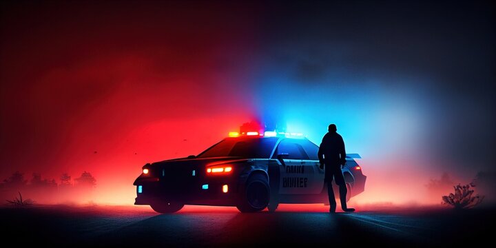 One policeman silhouette with police car on backside. Police car with red and blue lights in the fog. You are under arrest. Cinematic illustration of a night detention. Generative AI