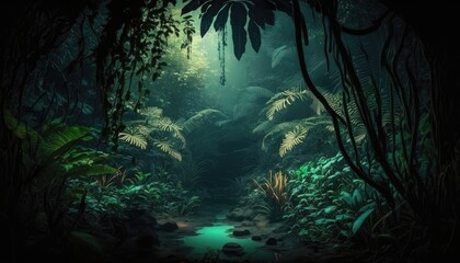 Dark tropical rainforest, jungle trees and plants in the fog. Generative AI illustration.