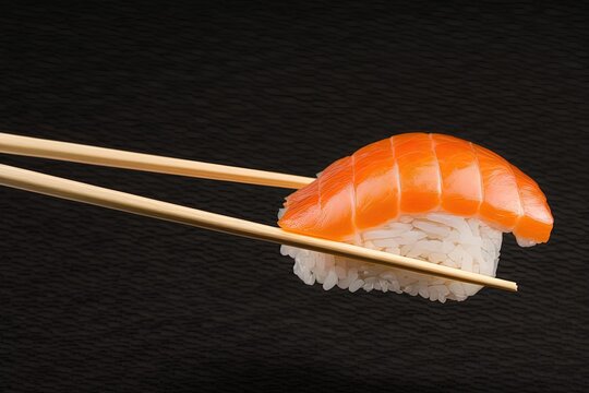 Taking delicious nigiri sushi with chopsticks isolated on black background