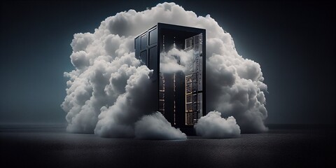 Cloud service system concept and big data storage. White fluffy cloud hovering over cloud server rack. Big data center technology. SAAS, Cloud Computing, Web Service. Generative AI