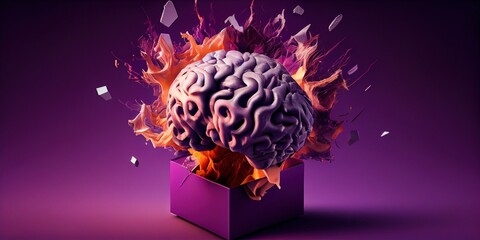Colored brain in a box, thinking outside the box, creative ideas concept. Mental overload, busyness, stress at work, brain drain. Generative AI