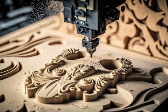 Wood art carving in carpentry using automated drilling tool. AI generative
