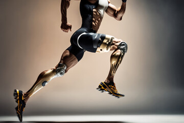 awe-inspiring photo of a prosthetic cyborg run athlete pushing their body to its utmost limits. With technology and determination, they are able to conquer AI generative - obrazy, fototapety, plakaty