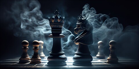 Chess figures on a dark background with smoke and fog. Epic chess game illustration. Chess game concept. Chess pieces on a chessboard, blurred background. Generative AI - obrazy, fototapety, plakaty