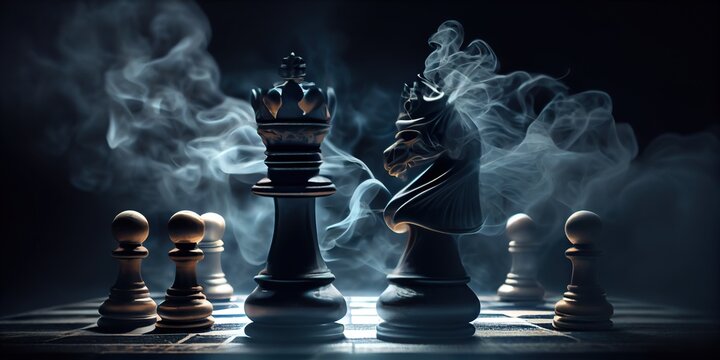 Chess figures on a dark background with smoke and fog. Epic chess game illustration. Chess game concept. Chess pieces on a chessboard, blurred background. Generative AI