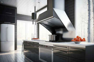 Sleek design meets modern function in this stainless steel kitchen hood in interior. AI generative
