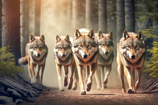 Wolf pack on a hiking trail in woods. Wild animal attack and accident. AI generative