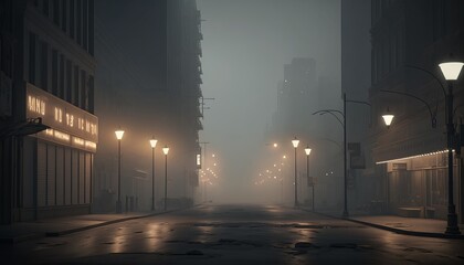 City street at misty illuminated melancholic night background. Generative AI technology.