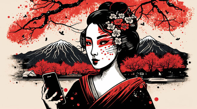 Classical Japanese Illustration of a Geisha Using a Smartphone. Generative AI