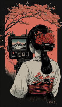 Classical Japanese Illustration of a Geisha Using a Video Camera. Generative AI