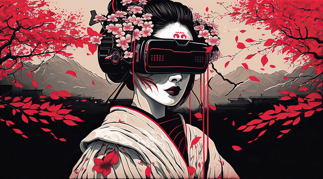 Classical Japanese Illustration of a Geisha Using a VR Glasses. Generative AI