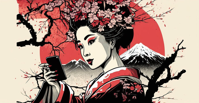 Classical Japanese Illustration of a Geisha Using a Smartphone. Generative AI