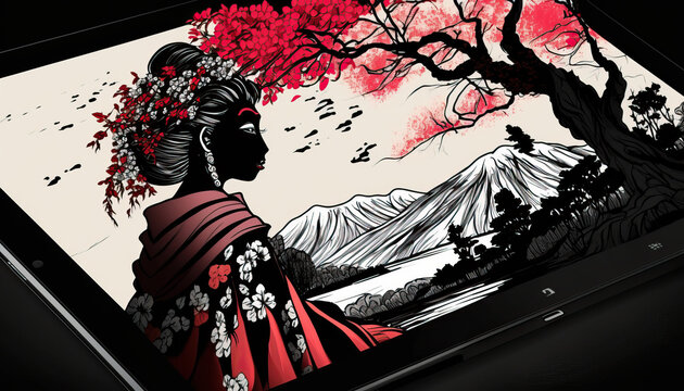 Classical Japanese Illustration of a Geisha Using a Video Camera. Generative AI