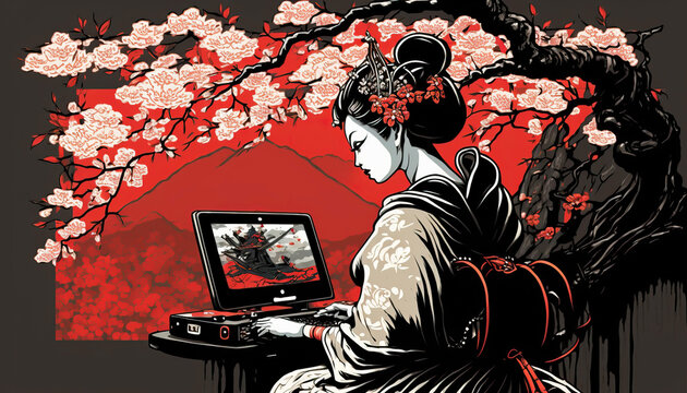 Classical Japanese Illustration of a Geisha Using a Laptop. Generative AI
