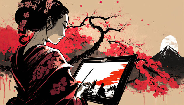 Classical Japanese Illustration of a Geisha Using a Video Camera. Generative AI