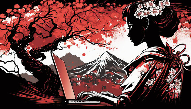 Classical Japanese Illustration of a Geisha Using a Laptop. Generative AI
