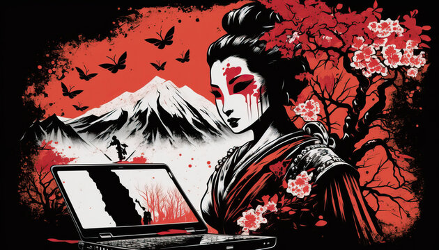 Classical Japanese Illustration of a Geisha Using a Laptop. Generative AI