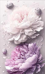 Abstract peonies, peony, pastel pink and lilac, water drops, floating made by generative ai