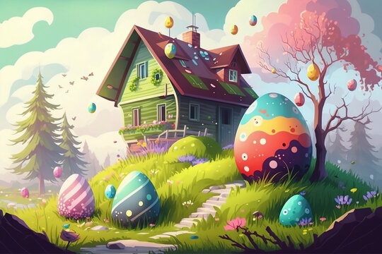 Colorful Landscape With House And Full Of Painted Easter Eggs, Grass Covered With Spring Flowers And Colorful Easter Eggs, Illustration Art, Easter Day, Generative Ai