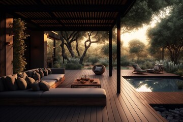 Fototapeta na wymiar Contemporary Elegant Patio With Swimming Pool in Evening Sunset Photo Wallpaper Generative AI