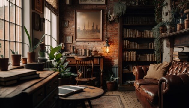 Cozy rustic home office illustration. Generative AI.