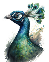 Generative AI illustration of the head of a peacock. 