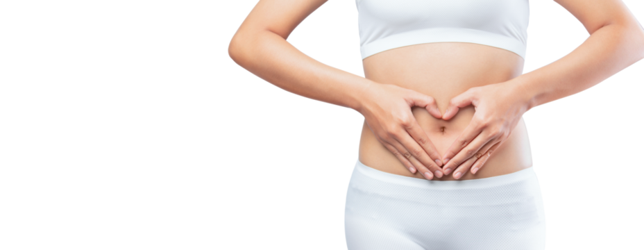Close up woman hands made heart on belly isolated on white background banner size.health care digesting concept.