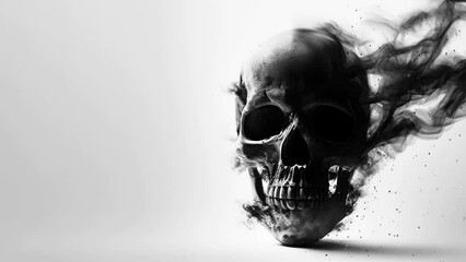 Black skull and smoke isolated on white background. Motion.