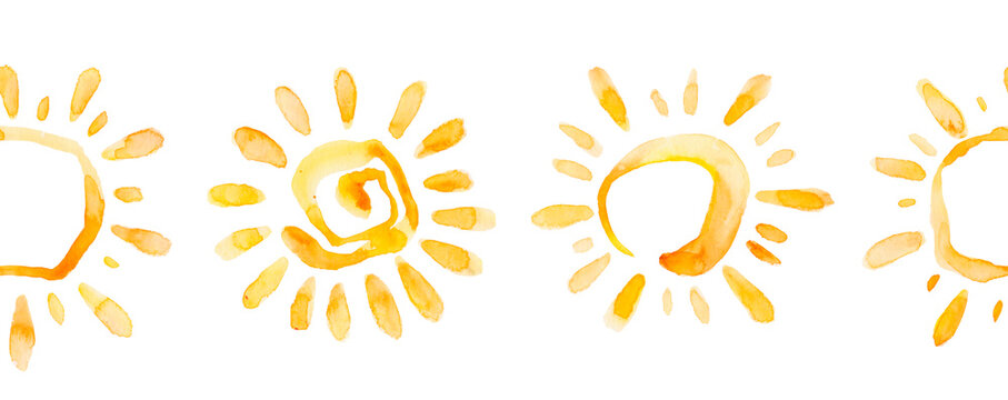 Watercolor hand-drawn seamless pattern with cute smiling sun on white background. Cute simple print. Childish repeating texture. Ideal for fabric, wallpaper, textiles, baby clothes, wrapping paper.