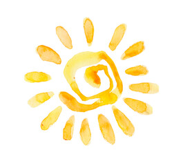 Cute cartoon sun. Hand drawn watercolor illustration. Water-color painted illustration. Isolated on white background