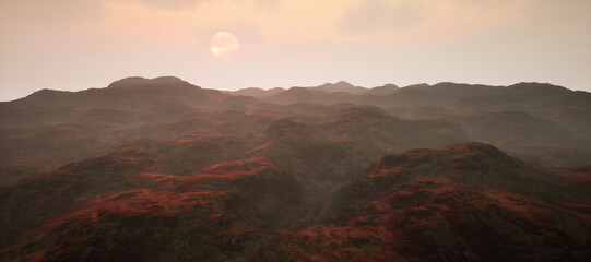 Rocky hills at sunrise with cloudy sky. Generative AI.