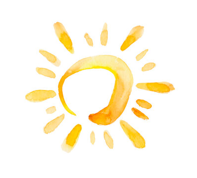 Yellow ink shiny sun watercolor illustration isolated on white background