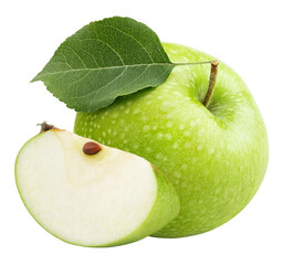 Ripe green apple with leaf and slice isolated on transparent background