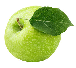 One ripe green apple fruit with green leaf isolated on transparent background. Granny smith apple