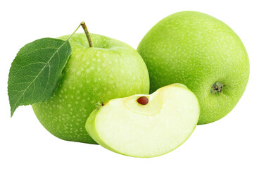 Ripe green apples with leaf and slice isolated on transparent background