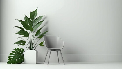 Modern Chair and Amazon Lily Plant on White Wall Background generative ai