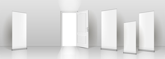 The interior of an empty room with a white banner and an open door.
Free space for copying, 3d vector image.